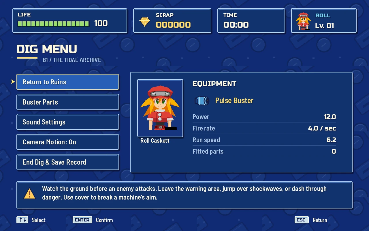Relic Diver pause menu showing Roll Caskett and her equipped buster statistics